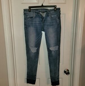 American Eagle Outfitters Women's Blue Distressed Jeans Super Low Jeggings Sz 8